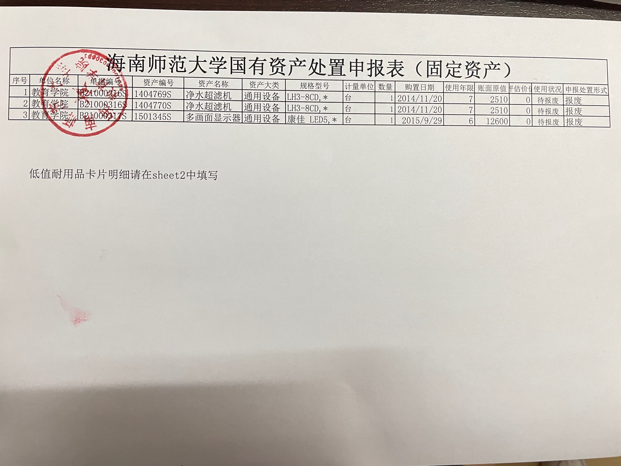 教育學(xué)院國(guó)有資產(chǎn)處置申報(bào)表（固定資產(chǎn)）